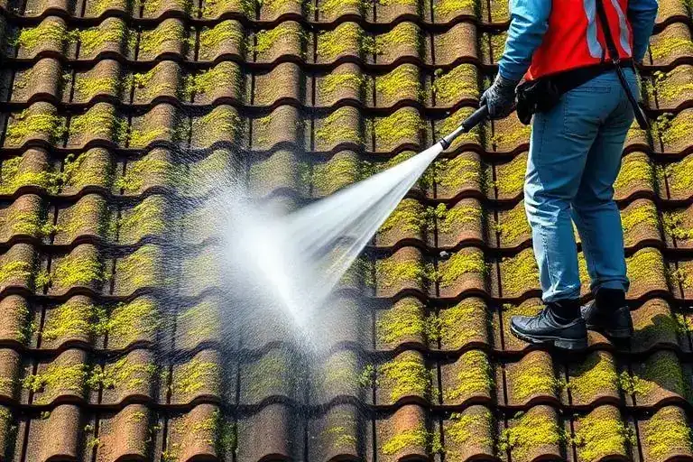 Démoussage haute pression d'une toiture en tuiles